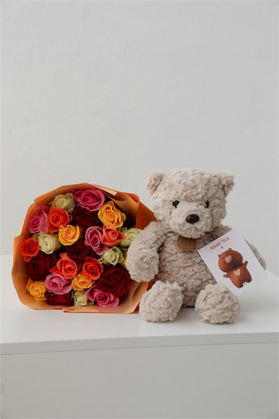 Набор Розы Кения МИКС (25шт) + Мишка бежевый 25см с открыткой 567876568987 - фото 635920