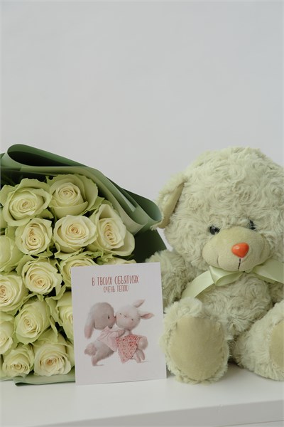 Набор Розы Кения белые (25шт) + Мишка Фисташка с открыткой 34565476667 - фото 635925