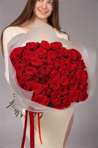 Красные розы 60см в упаковке Туман (51шт) 813