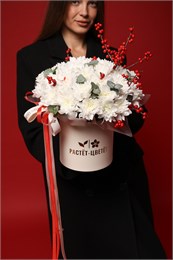 Белая хризантема с илексом в шляпной коробке 731